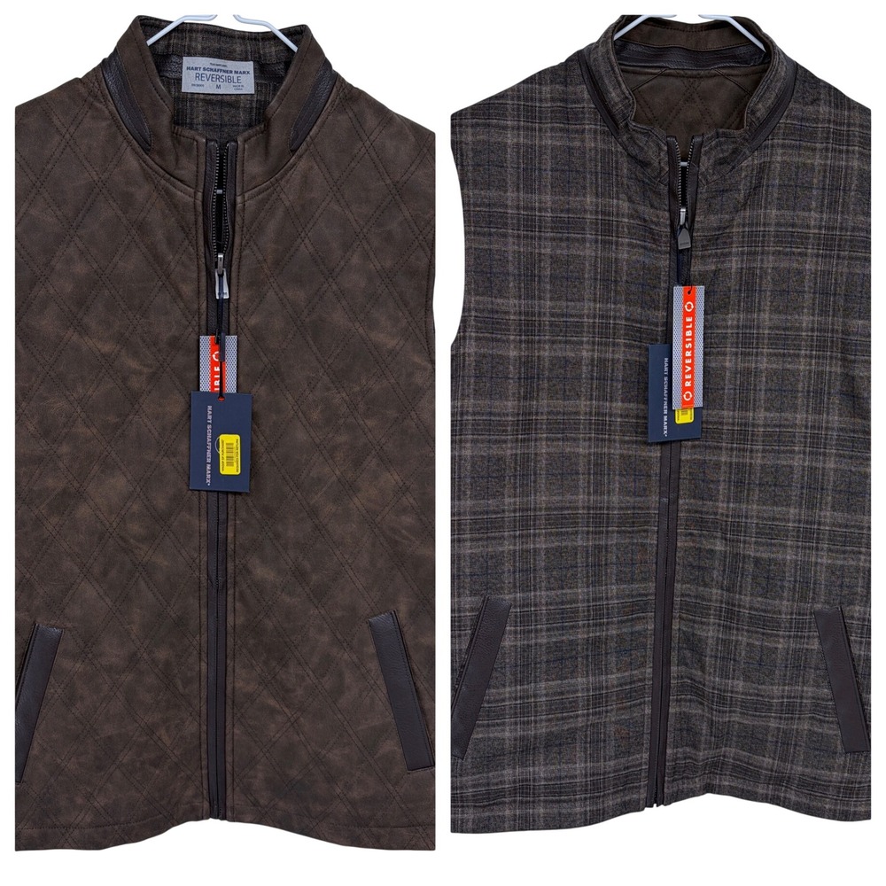 NEW Hart Schaffner Marx Plaid Reversible brown‎ Leather Vest Medium MSRP $195